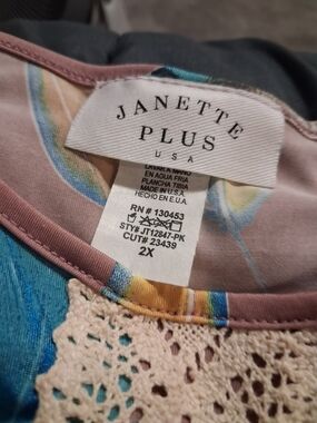 Janette Plus Pink & Blue Lace-Trim TunicTop - 2X